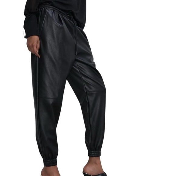 Zara Faux Leather Jogger Pants Black Elastic Waist Drawstring Hem Streetwear - Picture 2 of 12